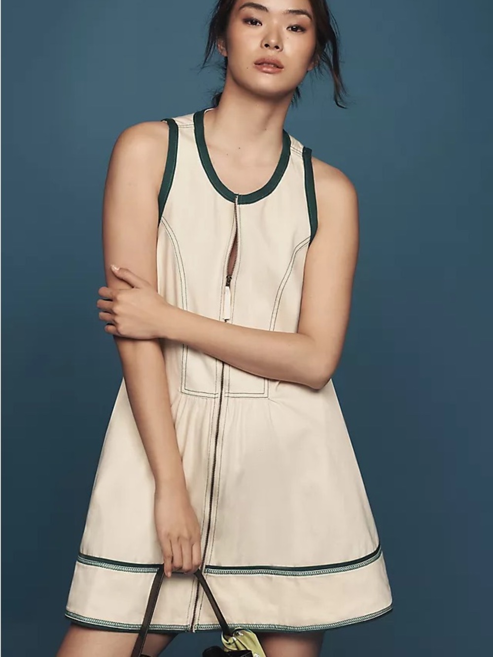 Pilcro Cream Tank with Green Accent Stitching